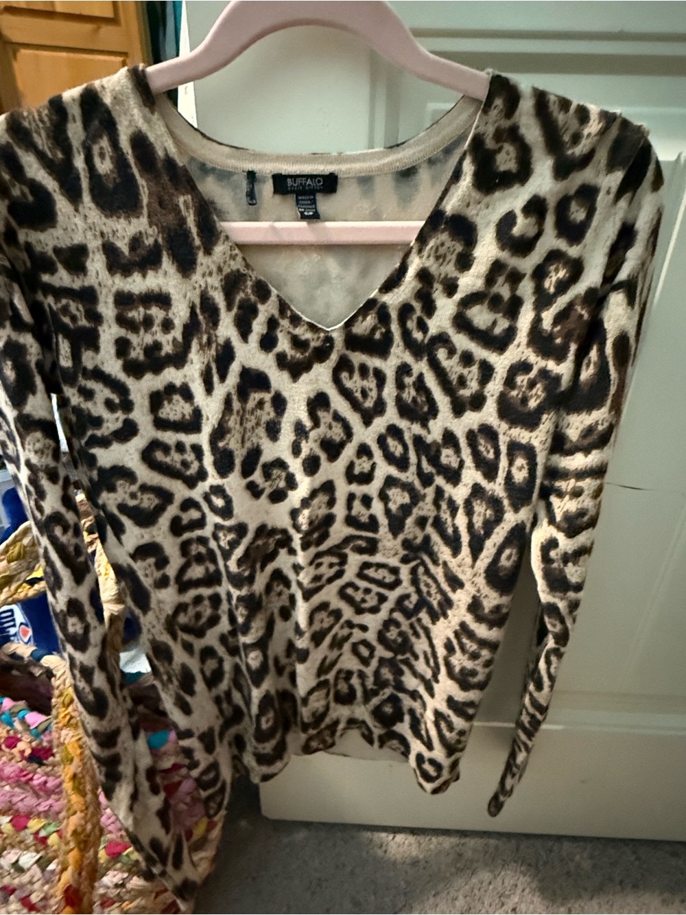 Buffalo David Bitton Leopard Print V-Neck Long Sleeve Knit Top - Brown/Cream